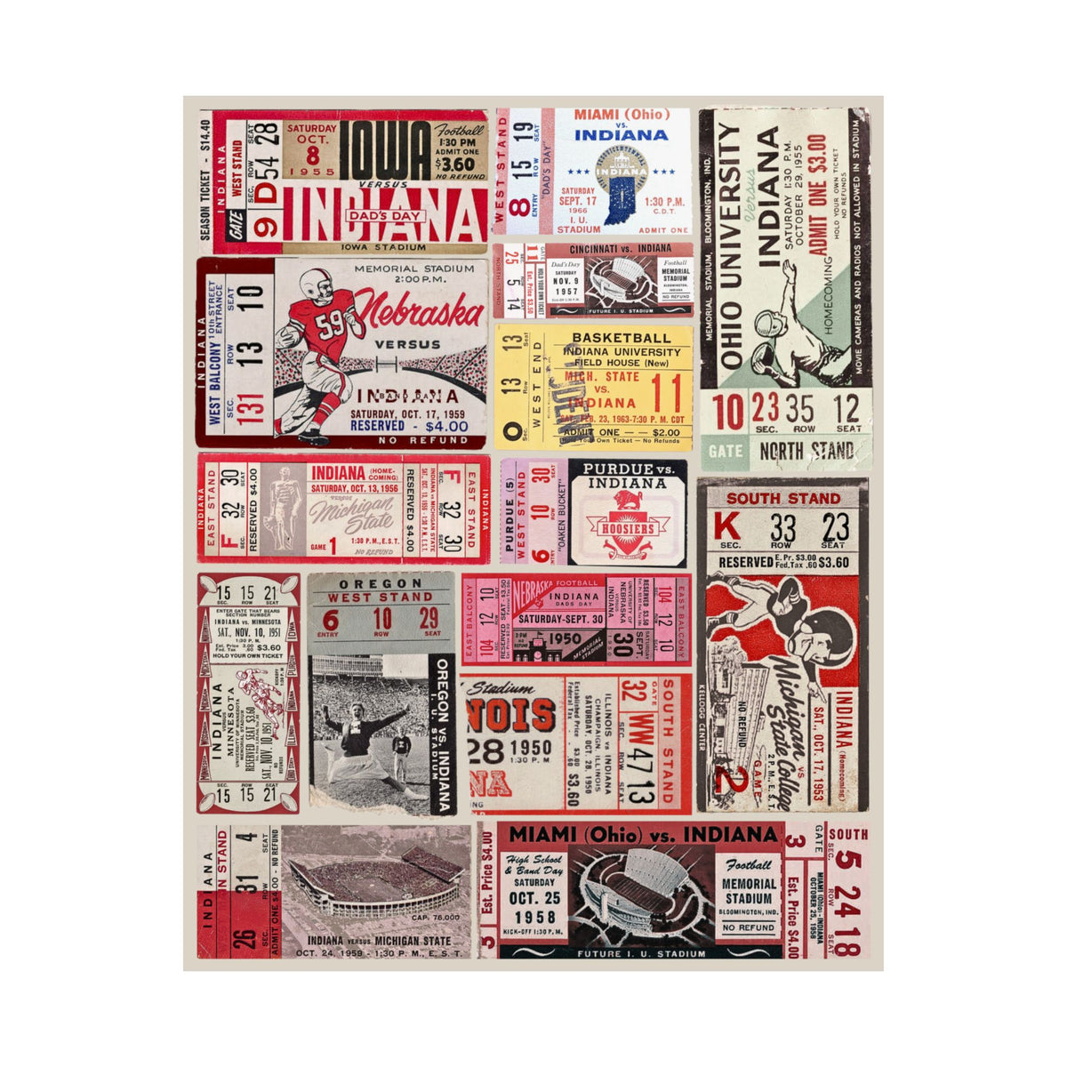 Indiana Hoosiers | Vintage Sports Ticket Art Print | Retro College Team Wall Decor | IU Football Fan Gift | Matte Vertical Posters