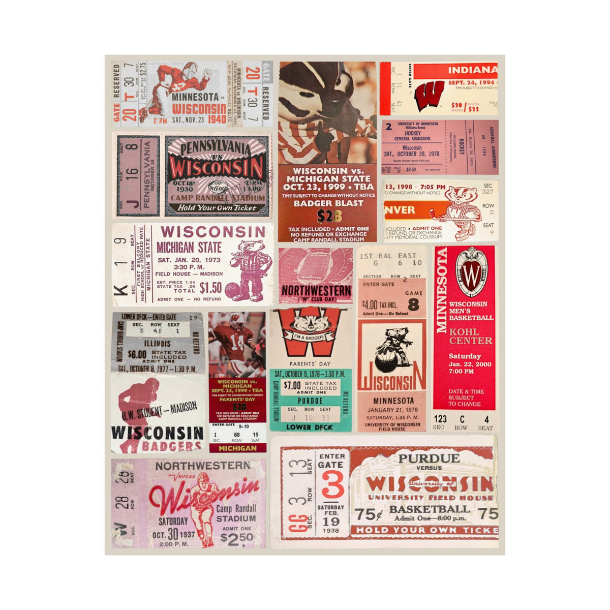 Wisconsin Badgers | Vintage Sports Ticket Art Print | Retro College Team Wall Decor | Wisco Football Fan Gift | Matte Vertical Posters