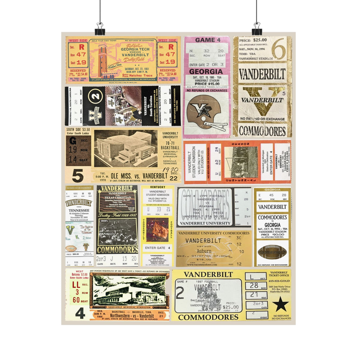 Vanderbilt Commodores | Vintage Sports Ticket Art Print | Retro College Team Wall Decor | Vandy Football Fan Gift | Matte Vertical Posters