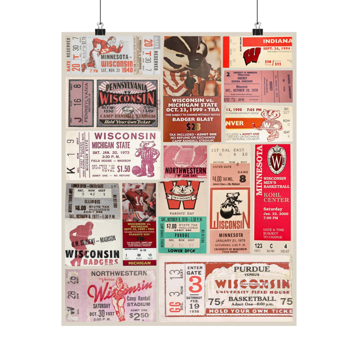 Wisconsin Badgers | Vintage Sports Ticket Art Print | Retro College Team Wall Decor | Wisco Football Fan Gift | Matte Vertical Posters