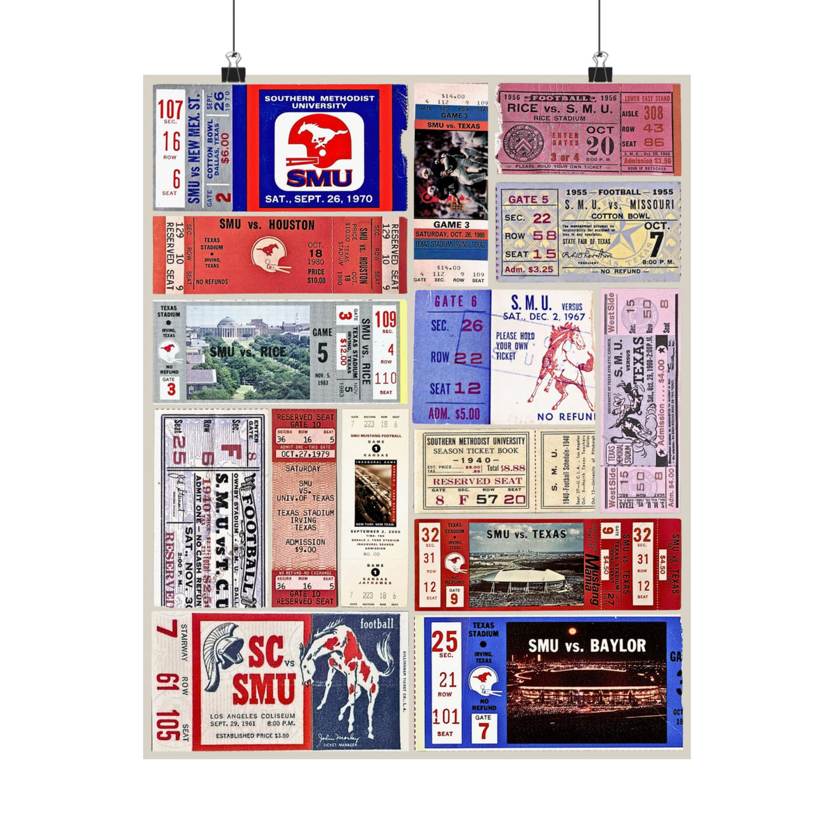 SMU Mustangs | Vintage Sports Ticket Art Print | Retro College Team Wall Decor | SMU Football Fan Gift | Matte Vertical Posters