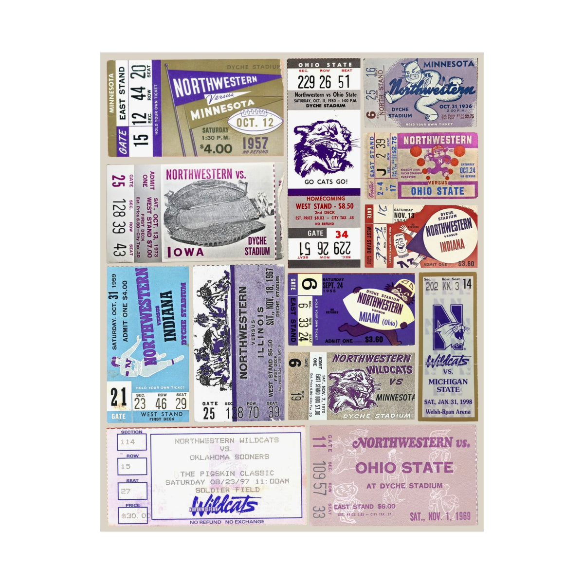 Northwestern Wildcats | Vintage Sports Ticket Art Print | Retro College Team Wall Decor | NW Football Fan Gift | Matte Vertical Posters
